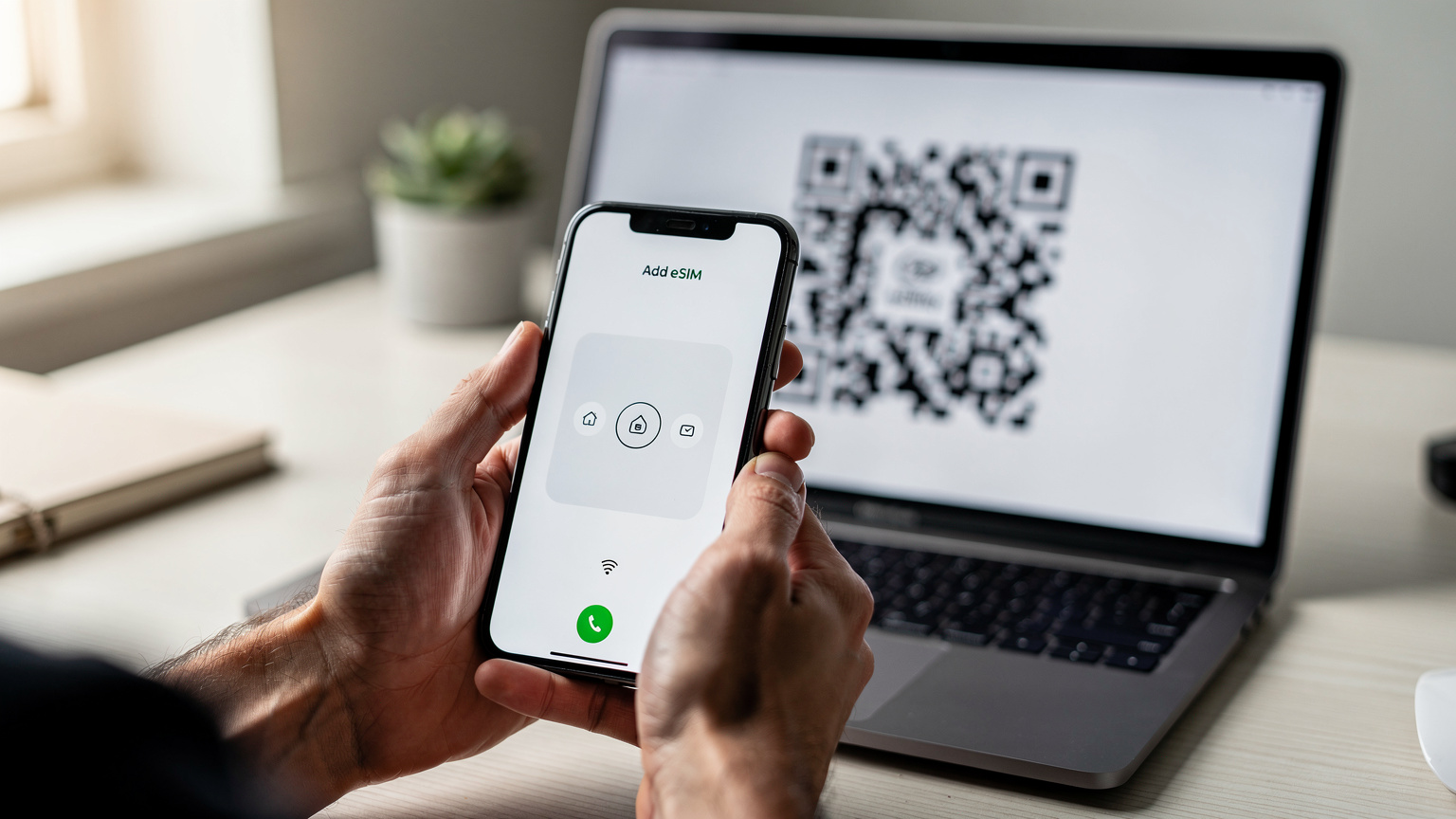 En rejsende holder sin iPhone op mod en bærbar skærm for at scanne en eSIM QR-kode, der vises på skærmen, i en hjemlig, veloplyst kontorindstilling.
