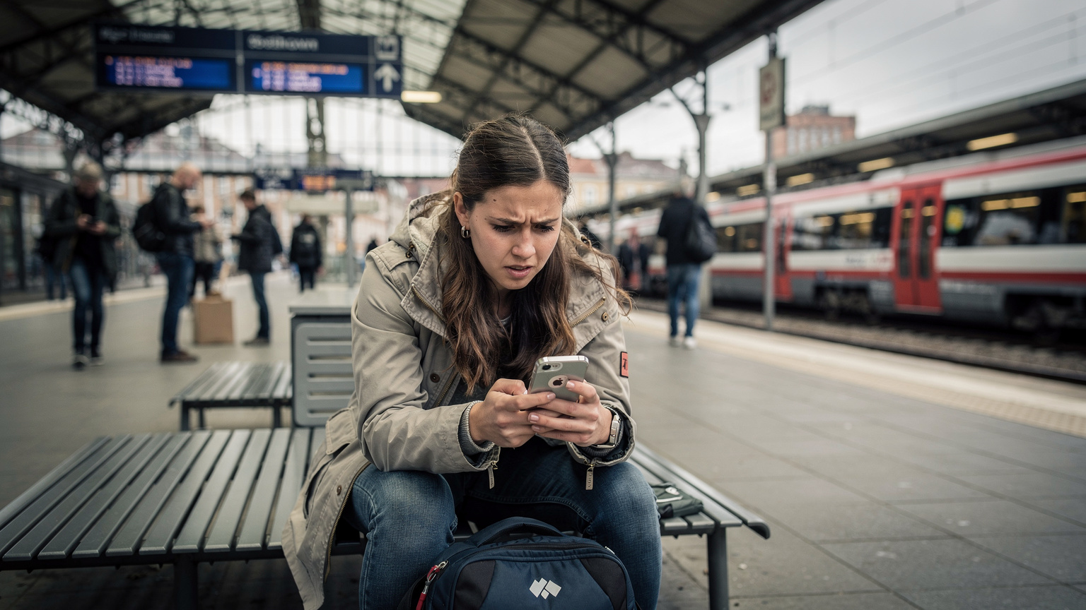 En ung kvinde sidder på en travl togstation i København og kigger frustreret på sin iPhone, der viser en fejlmeddelelse om 'ingen forbindelse', mens et S-tog passerer i baggrunden.