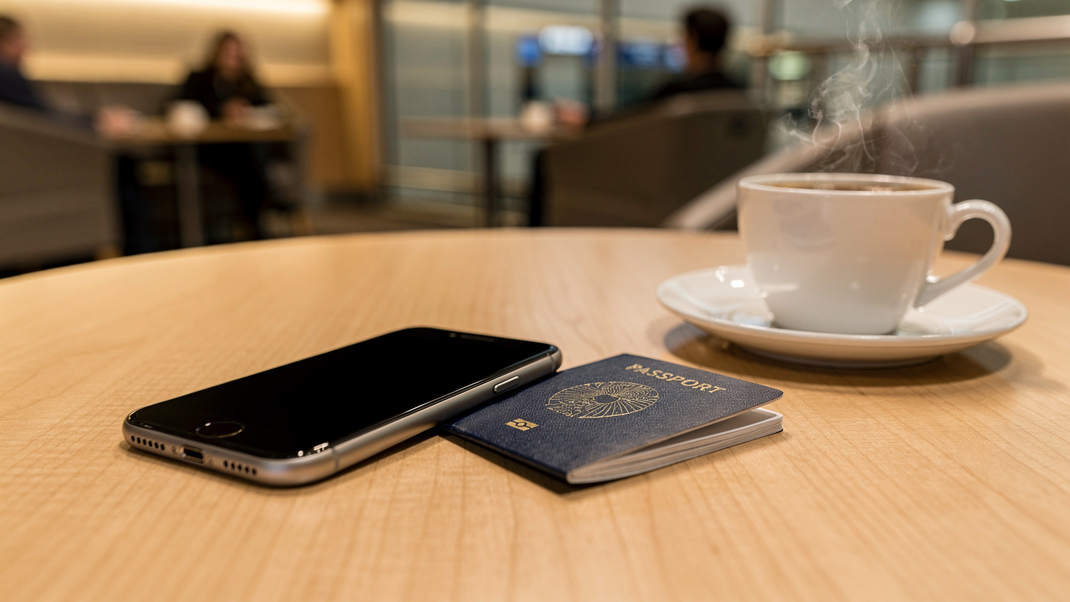 En iPhone og et pas ligger på et moderne træbord ved siden af en kop kaffe i en hyggelig, veloplyst lufthavnslounge, der symboliserer ro og rejseklarhed.