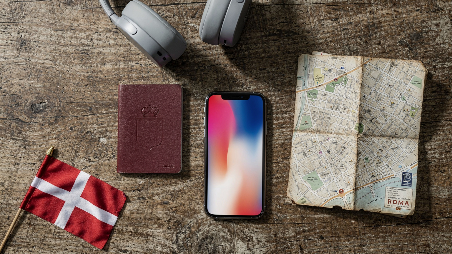 Et editorial overhead flat-lay med en dansk rejsendes pas, en iPhone med et lyst skærmbillede, trådløse hovedtelefoner, et lille Danmark-flag og et printet kort over Rom, der ligger på et rustikt træbord.