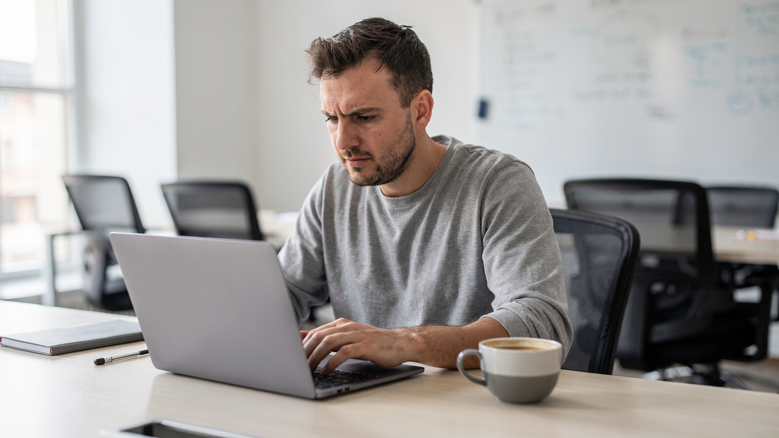 Sofya'daki 'Coffice' ortak çalışma alanında, bir dijital nomad dizüstü bilgisayarında odaklanmış bir şekilde çalışıyor. Masasında bir kahve fincanı, not defteri ve akıllı telefon bulunuyor.