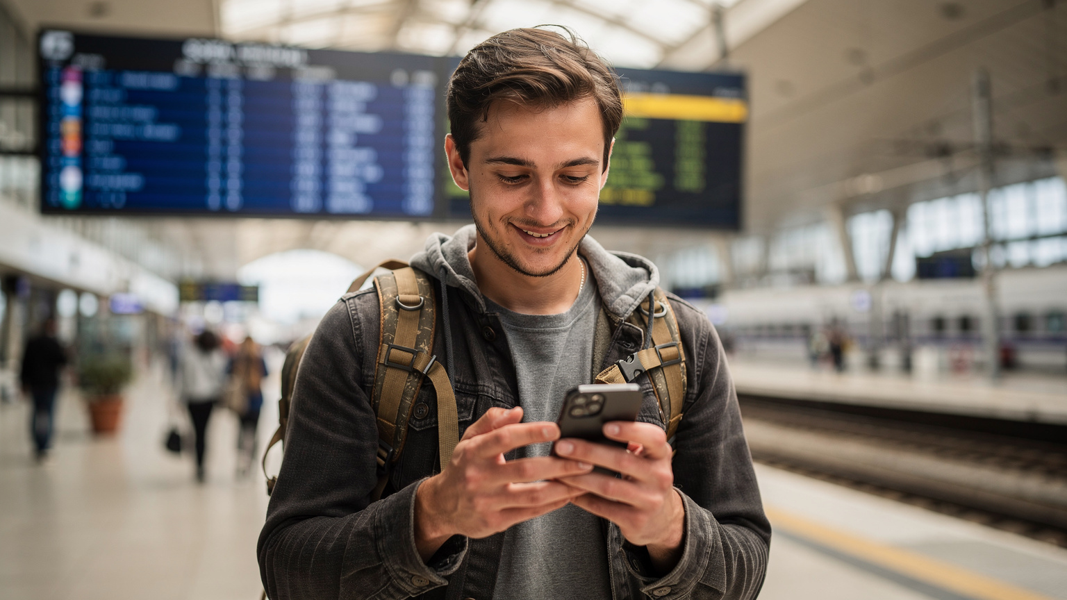 Sofya Merkez Tren Garı'nda, bir gezgin telefonunda eSIM kurmaya çalışırken gülümsüyor. Arka planda kalabalık garın modern iç mimarisi ve trenlerin kalkış panoları görünüyor.