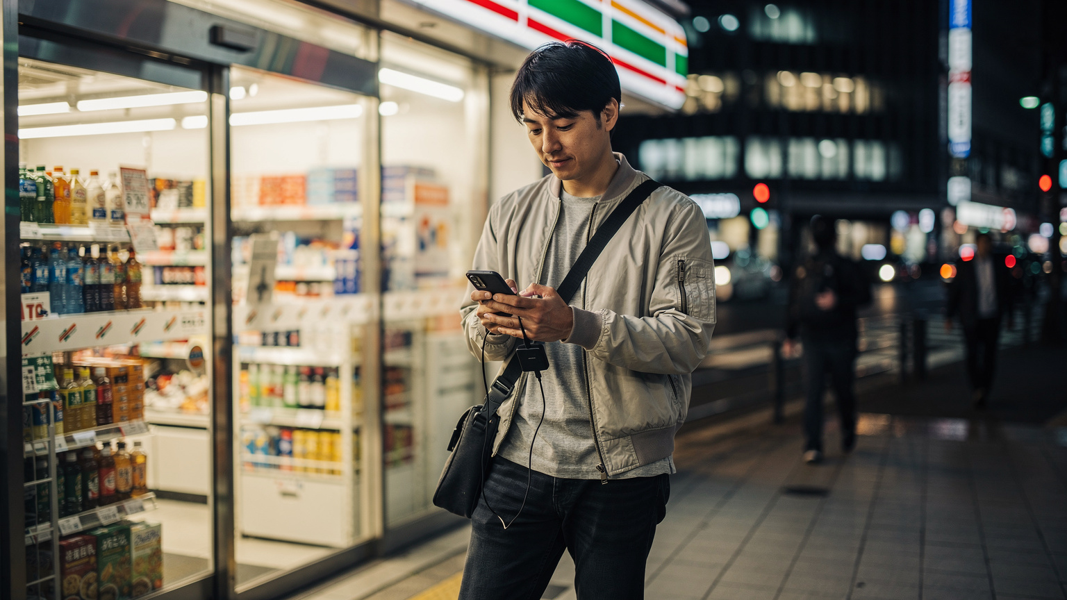 新宿駅近くのコンビニエンスストアの前で、日本の男性がモバイルバッテリーでスマートフォンを充電しながら、次の観光地へのルートをGoogleマップで確認している。