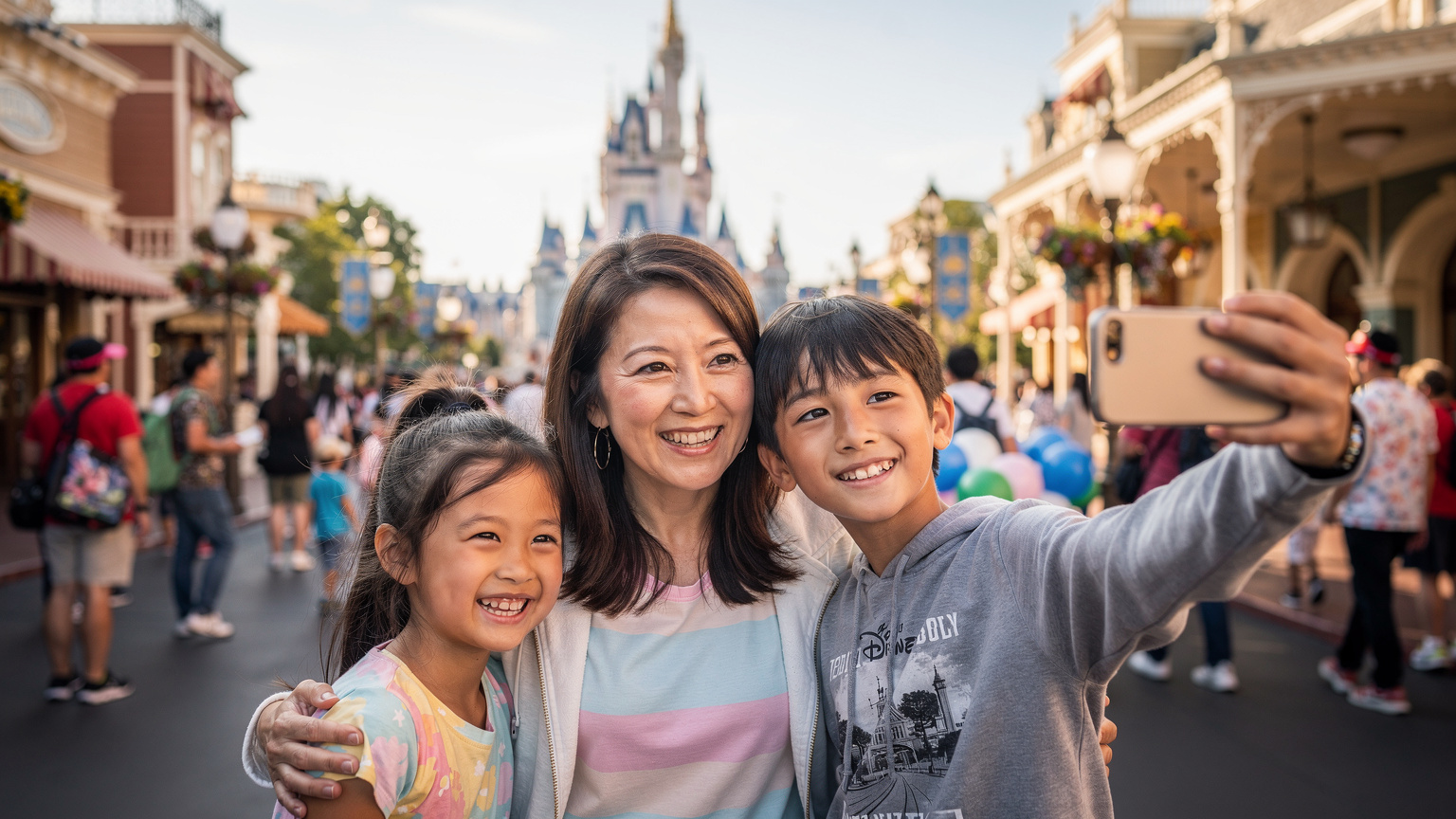 東京ディズニーランドのワールドバザールで、母親が子どもたちと自撮りをしており、背景にはシンデレラ城が見える。