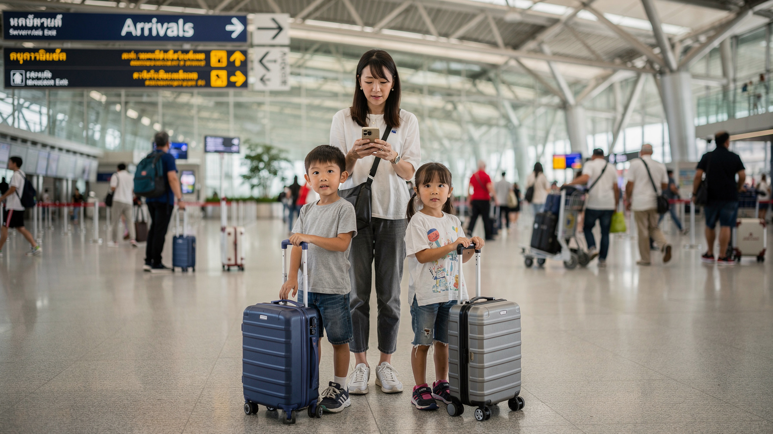 タイのバンコクのスワンナプーム空港に到着した日本人家族。母親がスマートフォンで地図アプリを確認し、小学生の息子と娘がキャリーケースを引いて楽しそうに歩いている。