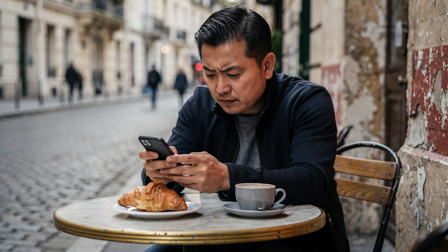 パリのモンマルトル地区にある屋外カフェで、父親がスマートフォンでeSIMのデータ残量を確認し、少し心配そうな表情をしている。