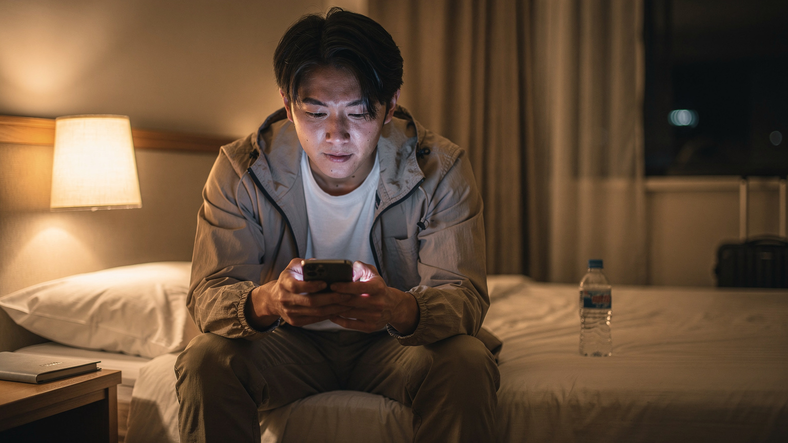 夜の海外のホテルで、スマートフォンを見ながらCellesimのカスタマーサポートとチャットしている旅行者。