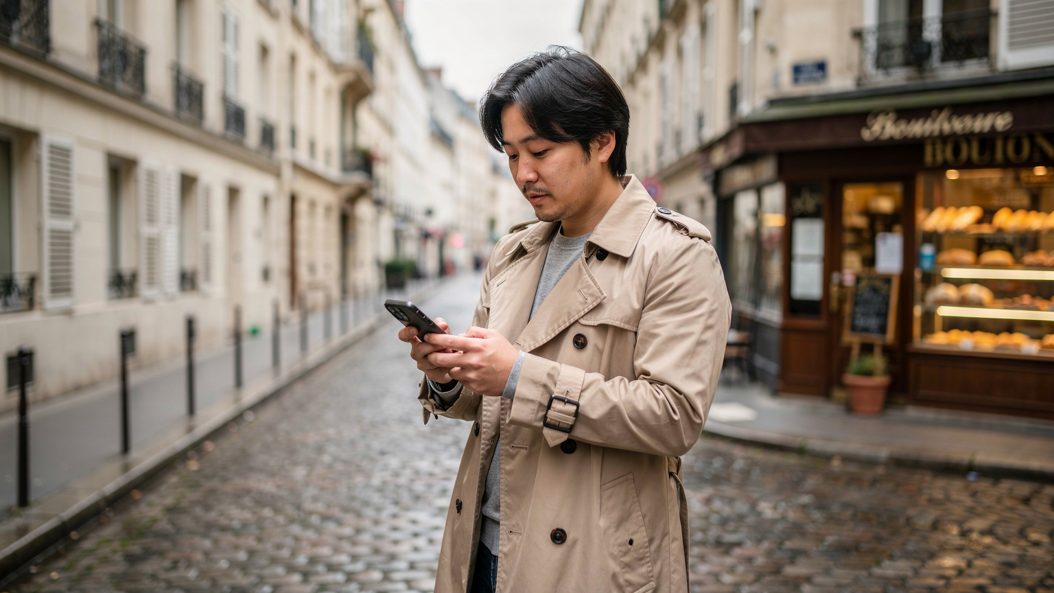 パリのモンマルトルの坂道で、スマートフォンを見ながら地図を確認している旅行者。
