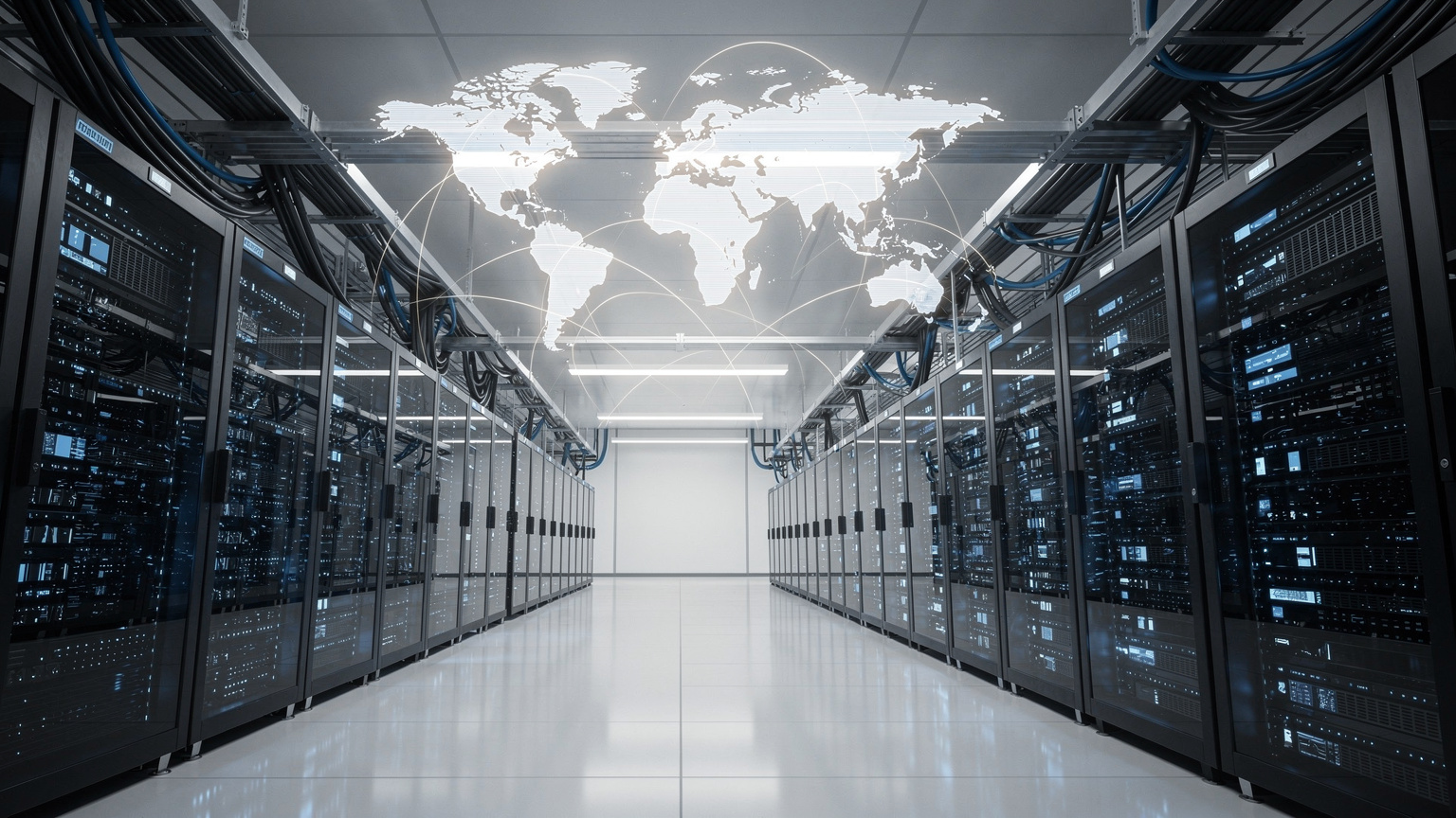 世界地図とネットワーク接続を示すアイコンが重ねられた、未来的なデータセンターの内部。