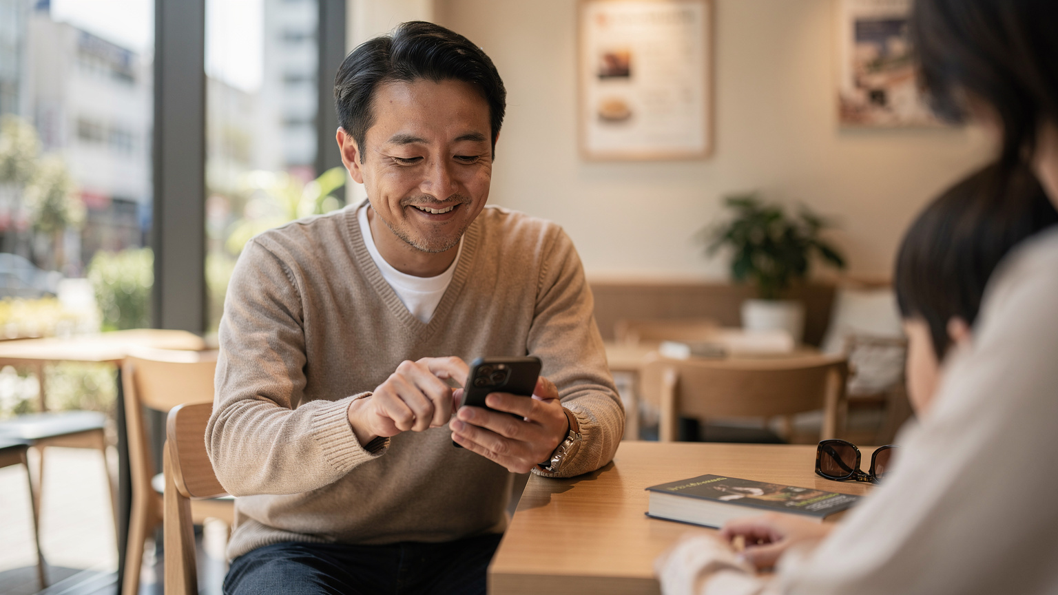 家族旅行でスマートフォンを操作し、eSIMの設定をチェックしている父親の横顔。