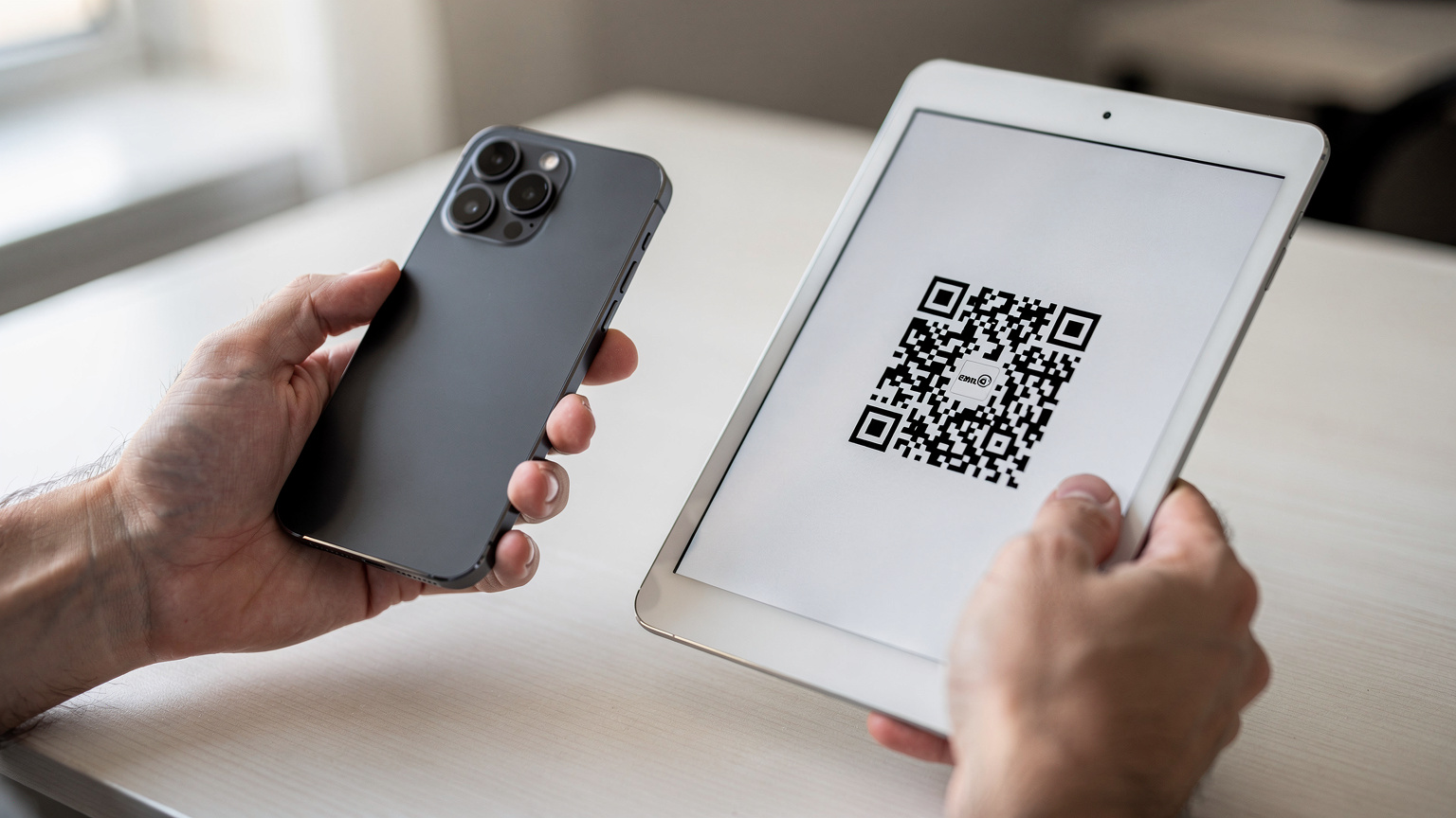 En detaljeret nærbillede af to hænder, der holder en smartphone og installerer en eSIM via en QR-kode. Telefonens skærm er synlig, men uden læsbar tekst eller UI, fokuserende på gestussen at scanne koden på en tablet eller et printet ark.