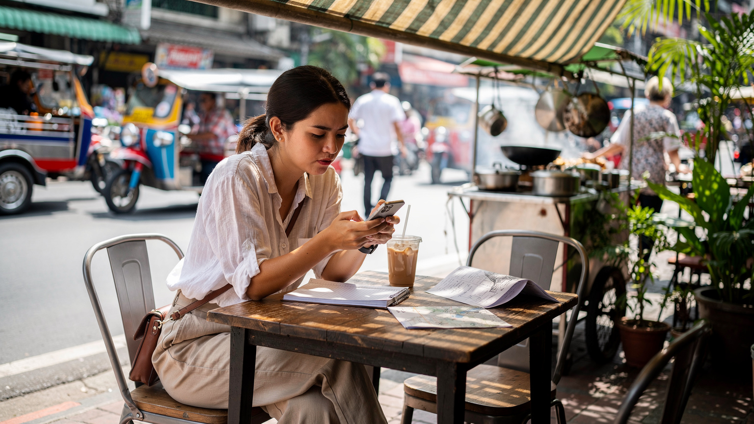 En ung kvinde sidder på en travl cafe i Bangkok, Thailand, og tjekker priser på eSIM-pakker på sin telefon. Hendes skuldertaske ligger ved siden af på bordet, og i baggrunden anes travle gader og lokale markeder.