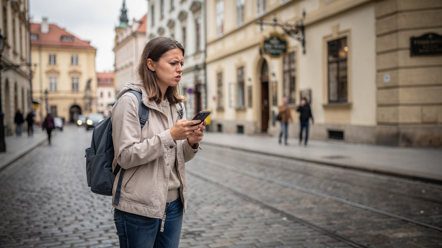 En ung kvinde sidder på en travl gade i Prag og forsøger at navigere på sin telefon, mens hun kigger op på et gadeskilt. Hendes ansigtsudtryk er let forvirret, som om hun har mistet signalet eller leder efter vej i en fremmed by.