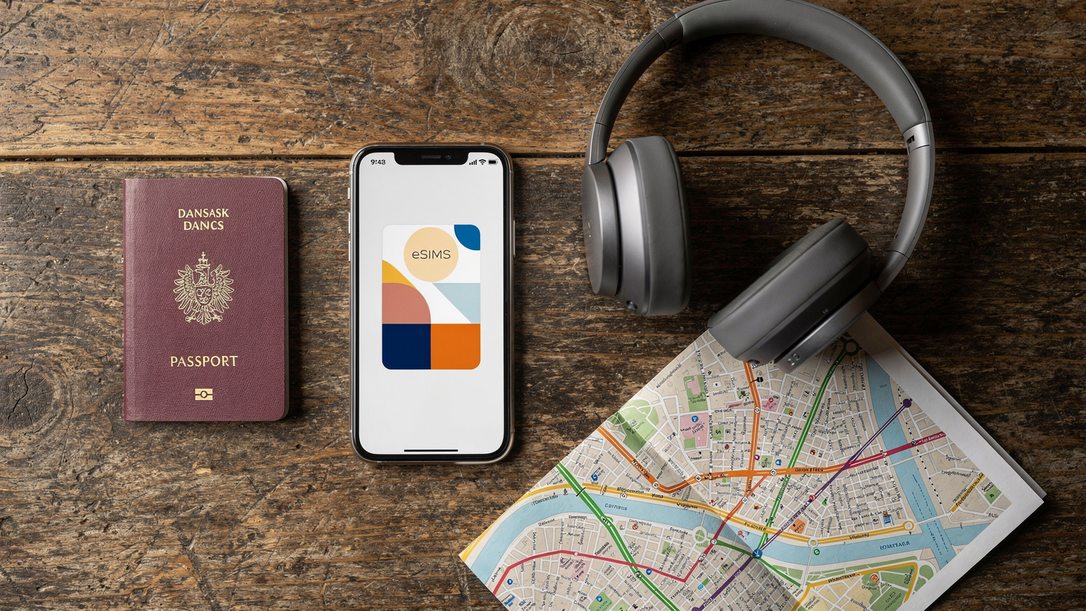 Et editorial flat-lay af en rejsendes essentielle genstande: et pas, en smartphone med en eSIM-app åben (uden læsbar tekst), et par trådløse hovedtelefoner, og et lille bykort over et europæisk storbyområde. Billedet er taget ovenfra på et træbord.