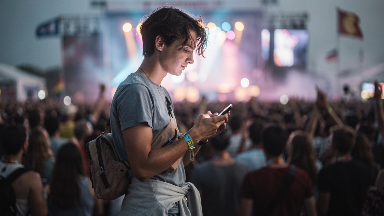 Genç bir festival katılımcısı, kalabalık bir müzik festivalinde cep telefonundan Cellesim uygulamasını açmış, Avrupa eSIM paketlerini karşılaştırırken dikkatle inceliyor, arka planda bir konser sahnesi ve coşkulu kalabalık fluluk içinde görünüyor.