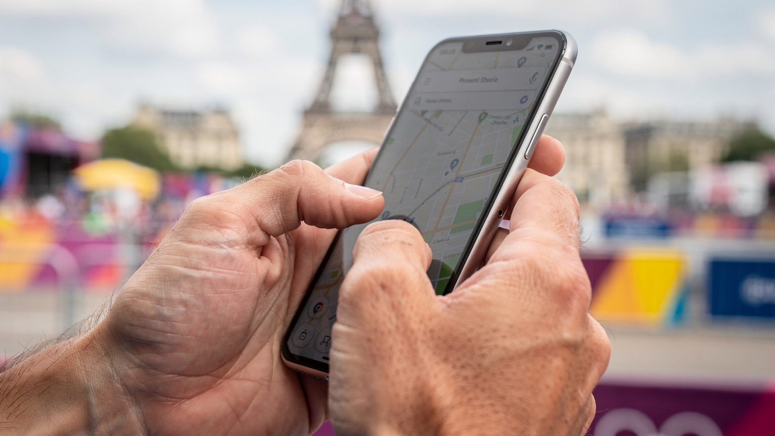 Gros plan sur des mains utilisant une application de cartographie sur un smartphone avec un fond flou de monuments parisiens et de sites olympiques.