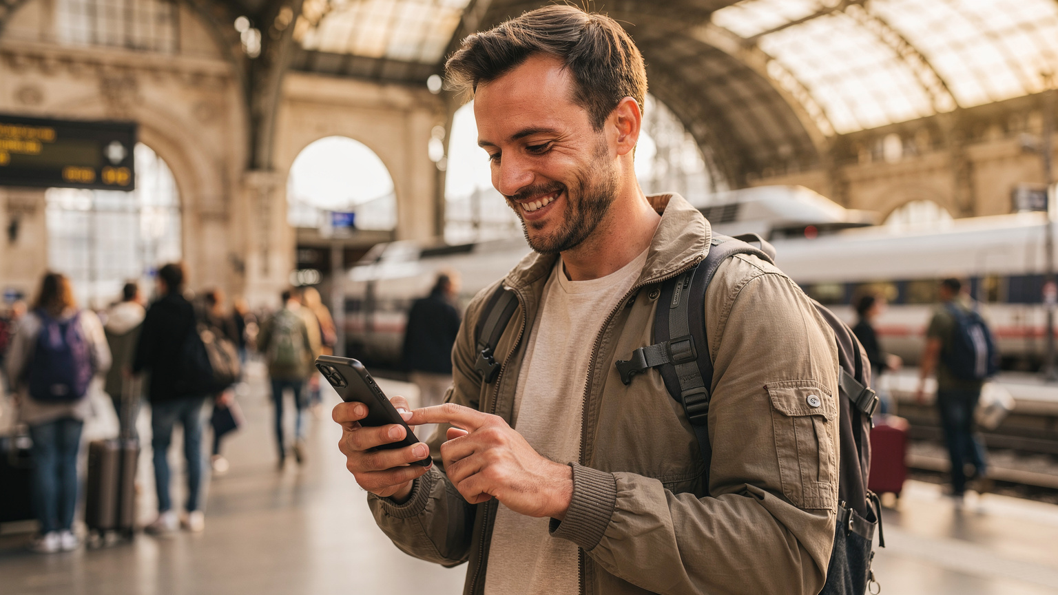 Un voyageur souriant achète un forfait eSIM sur son smartphone en attendant son train à la Gare de Lyon à Paris, avec les voies et la foule en arrière-plan.