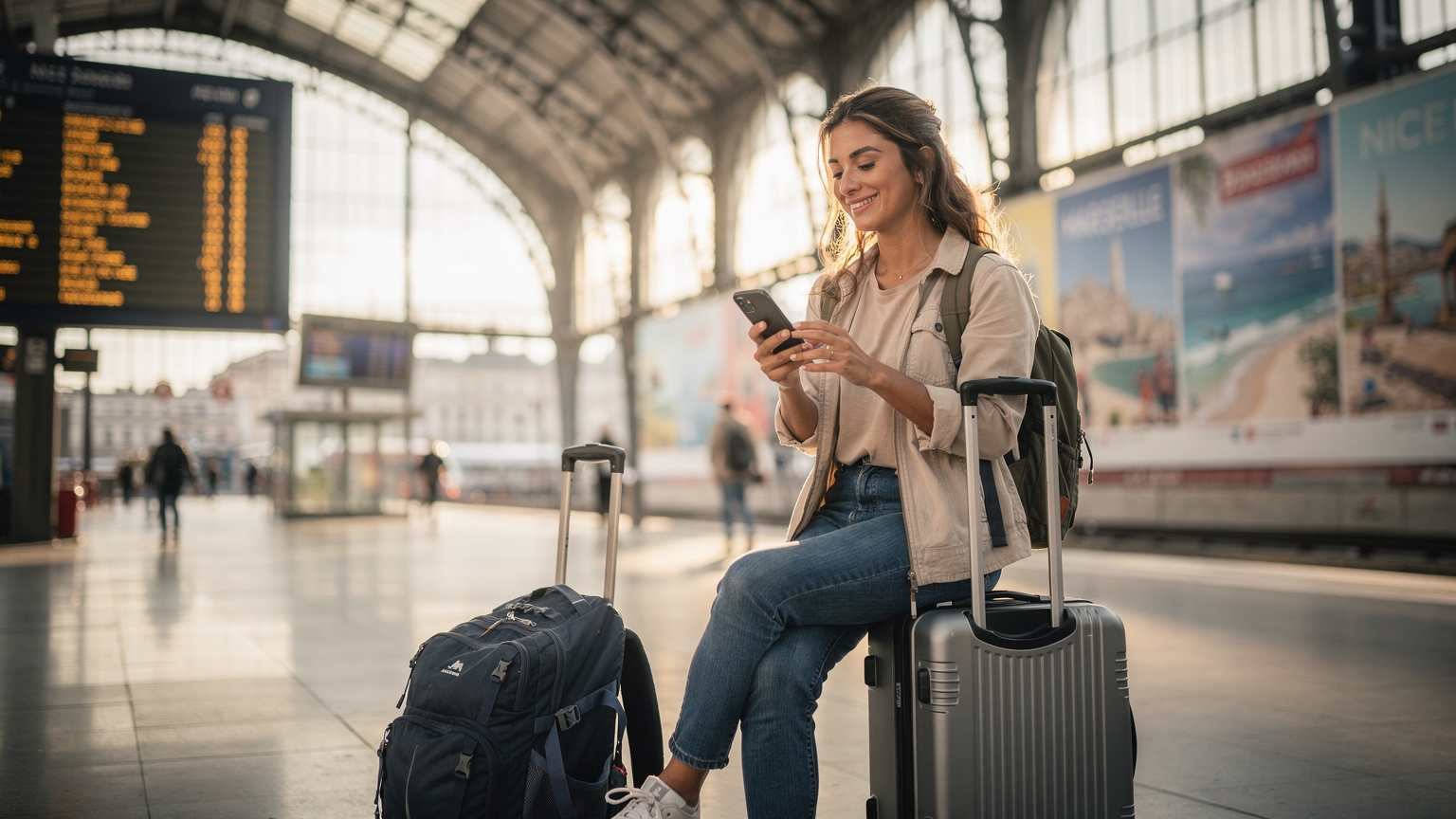 Une femme souriante consulte son téléphone pour un itinéraire de train à la Gare de Lyon à Paris, ses bagages à côté d'elle, avec des affiches de destination européenne floues en arrière-plan.