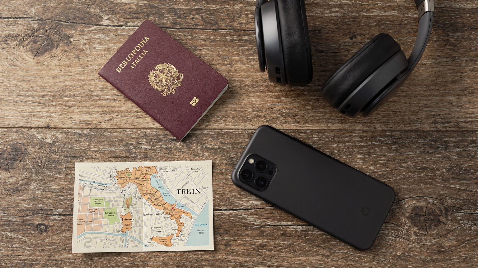 Un overhead flat-lay di essenziali da viaggio: passaporto italiano, smartphone con app VPN e eSIM visibili, cuffie, e una piccola mappa stilizzata della destinazione, il tutto disposto su un tavolino di un caffè, pronto per una partenza.