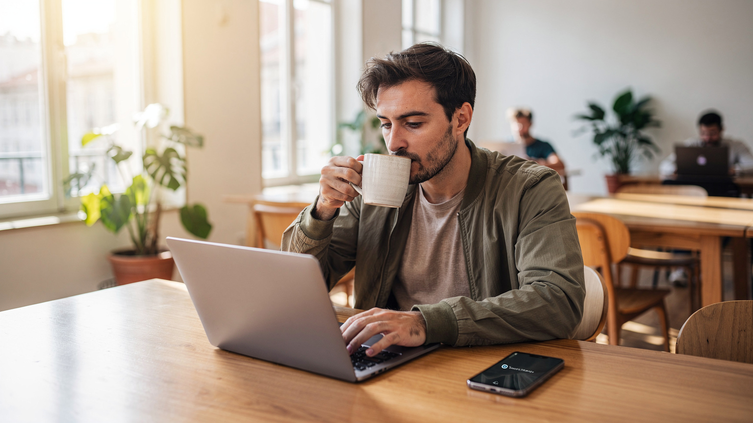 Un viaggiatore sta sorseggiando un caffè in un co-working space moderno e luminoso a Lisbona, con il suo laptop aperto e lo smartphone accanto, mentre il sole del mattino illumina l'ambiente, suggerendo una connessione affidabile e sicura.