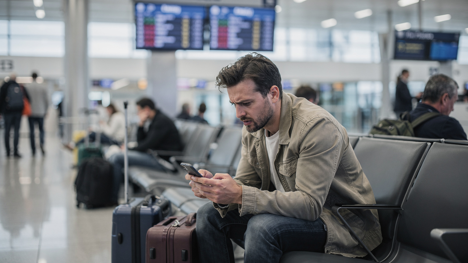 Un viaggiatore guarda con preoccupazione il suo smartphone mentre è seduto in un affollato aeroporto, circondato da valigie e altri passeggeri, con l'ansia di una connessione insicura evidente sul suo volto.
