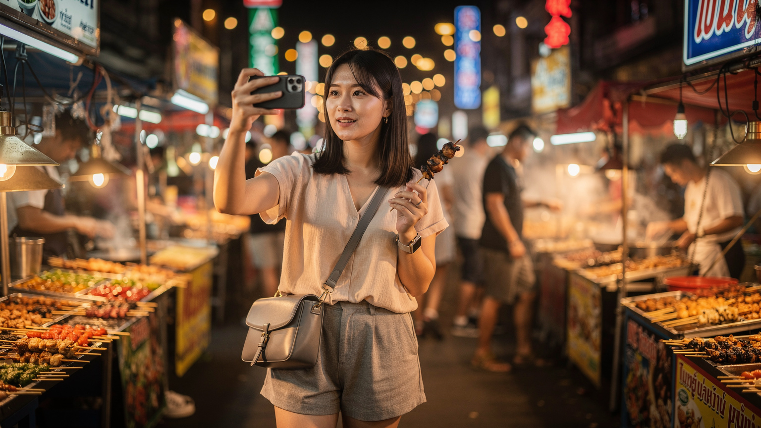 一名中国游客在普吉岛的热闹夜市里,手持手机和一些小吃,她正在用手机拍摄周围的景象,背景是琳琅满目的摊位和闪烁的灯光,充满烟火气。