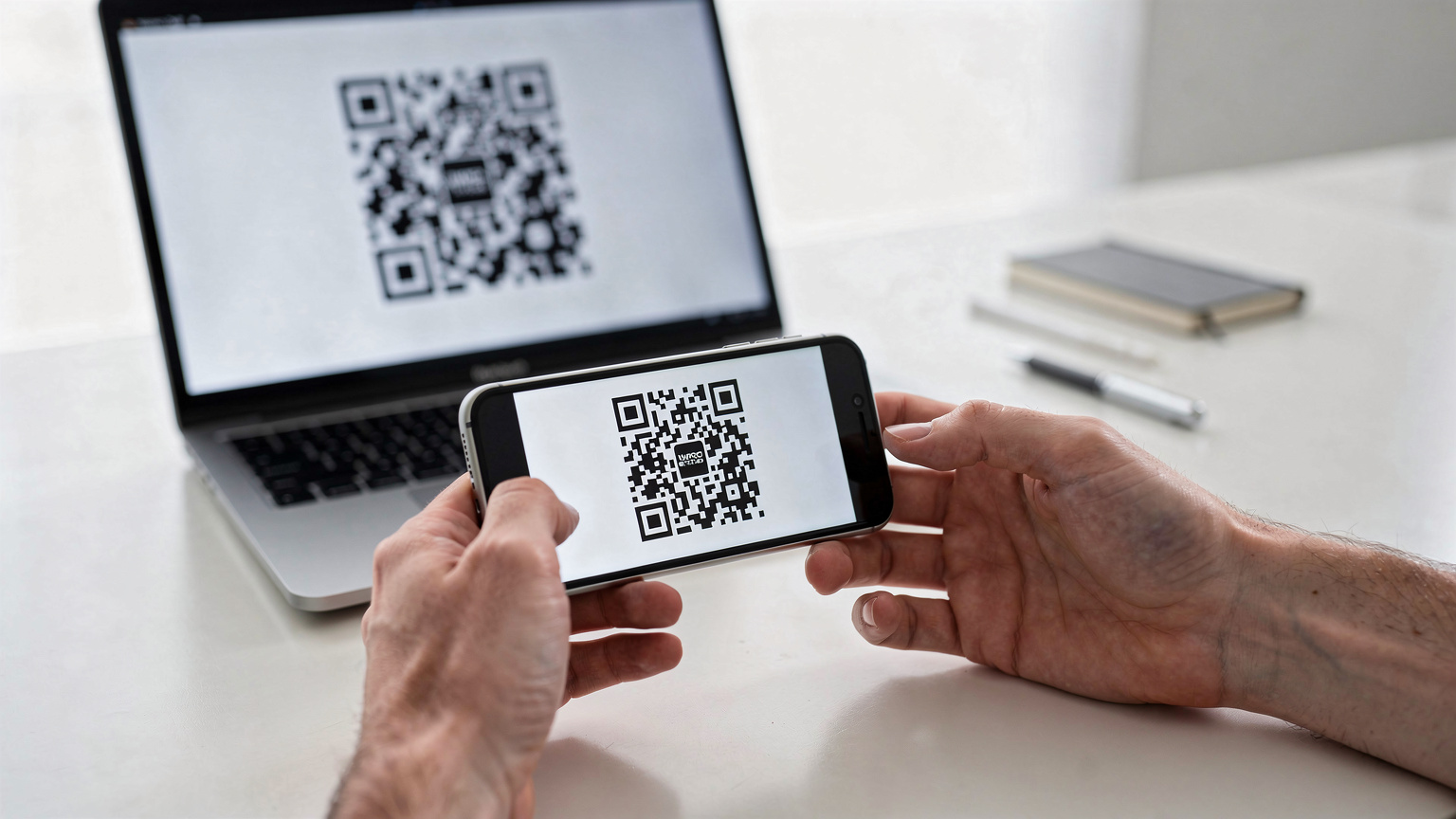 एक व्यक्ति अपने स्मार्टफोन से लैपटॉप स्क्रीन पर प्रदर्शित QR कोड को स्कैन कर रहा है, जो एक आधुनिक, minimalist डेस्क पर रखा है.