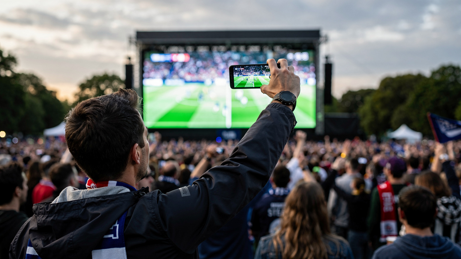 Ein Fußballfan filmt auf einem überfüllten Public Viewing Event in einem Londoner Park mit seinem Smartphone, während im Hintergrund ein riesiger Bildschirm das Spiel zeigt.