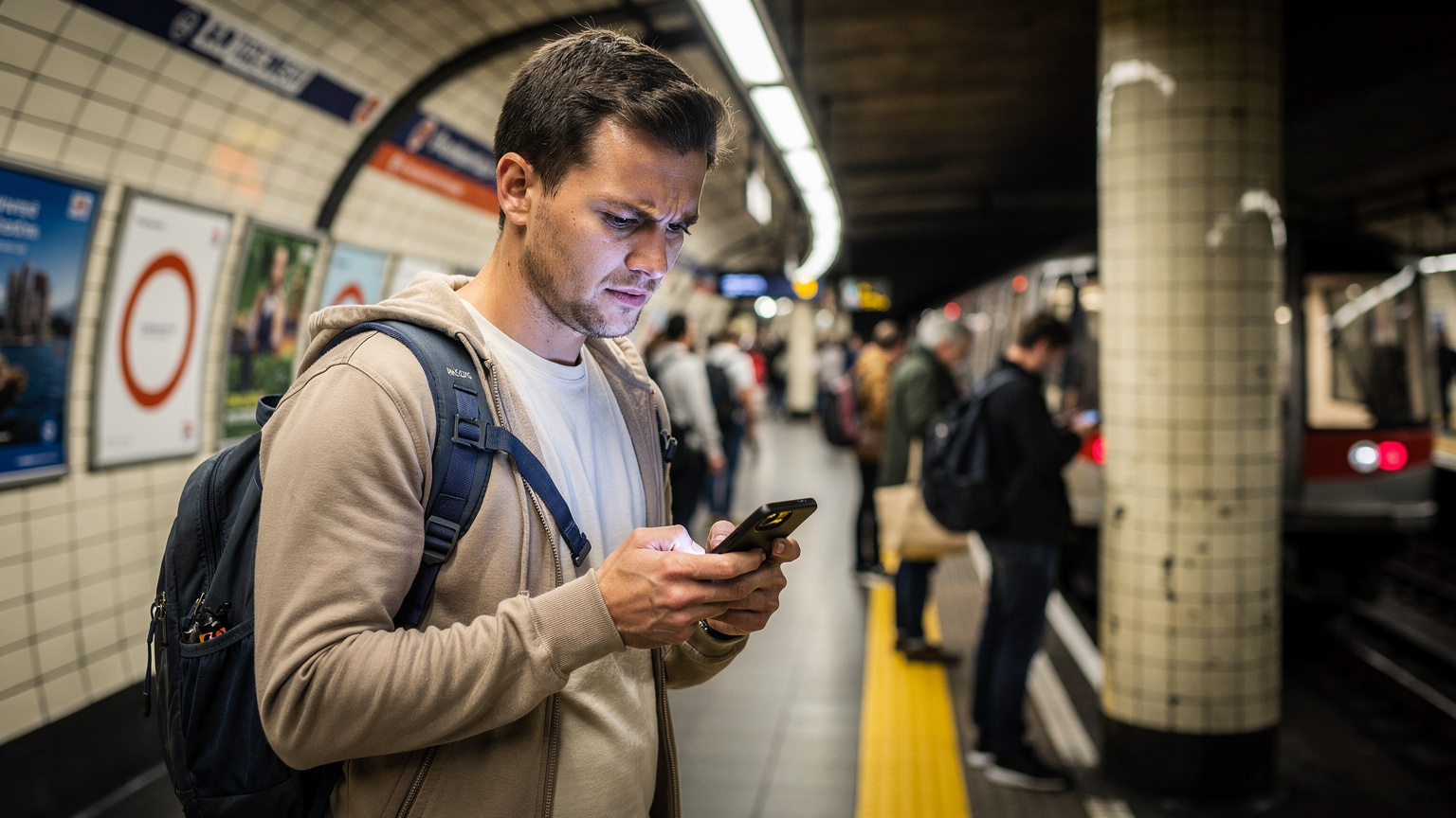Ein Reisender schaut besorgt auf sein Smartphone, während er an einem überfüllten U-Bahn-Gleis der London Underground steht und versucht, eine Verbindung herzustellen.