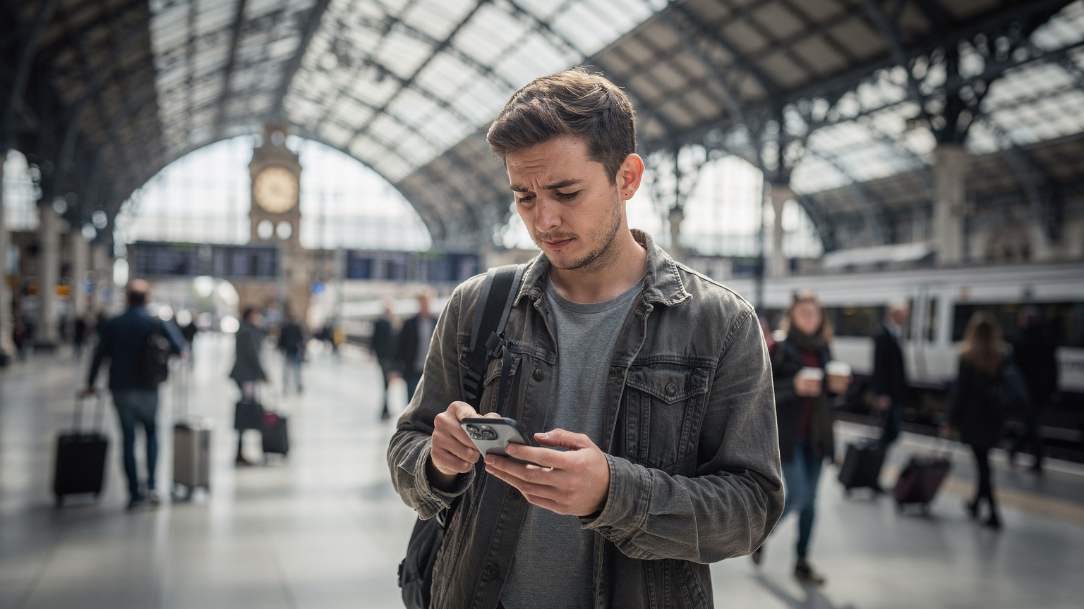 Ein Reisender prüft sein Smartphone auf eine stabile Verbindung, während er am Bahnhof London King's Cross auf seinen Zug wartet.