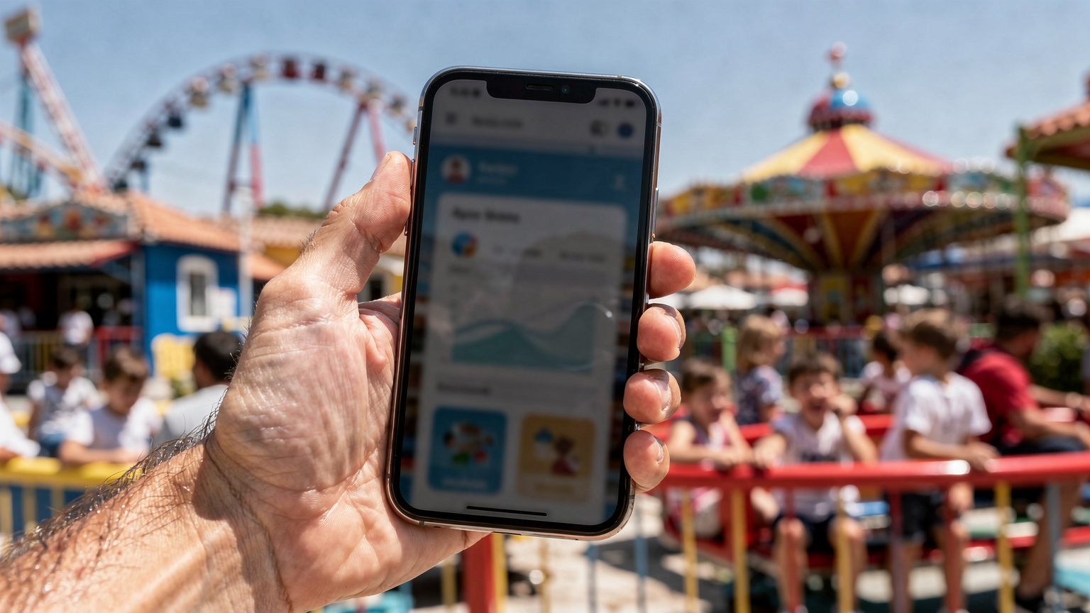 Mână de părinte ținând un smartphone cu ecranul pe o aplicație de monitorizare a timpului de ecran, în timp ce în fundal se vede o scenă aglomerată dintr-un parc tematic grecesc, cu copii jucându-se.