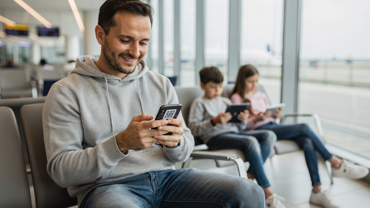 Un tată fericit scanează un cod QR pentru eSIM pe telefonul său, în timp ce copiii săi se joacă liniștiți în fundal, într-un lounge de aeroport modern.