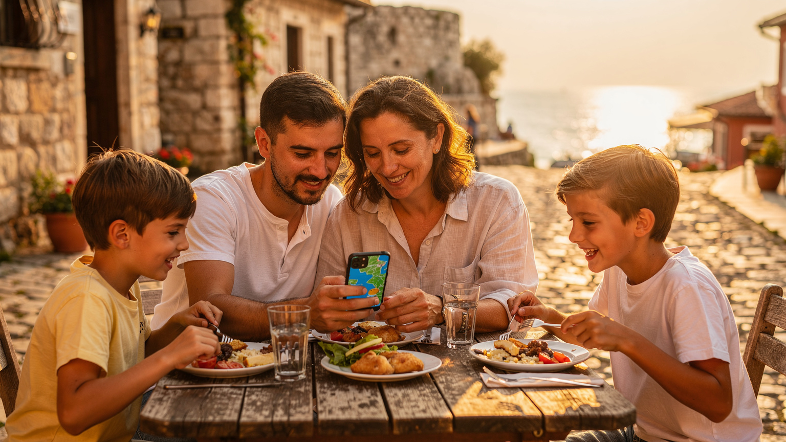 O familie română, cu doi copii, stă la o masă pe o terasă în Nessebar, Bulgaria, savurând o masă, în timp ce părinții consultă discret un telefon cu eSIM, verificând rute sau activități pentru copii.