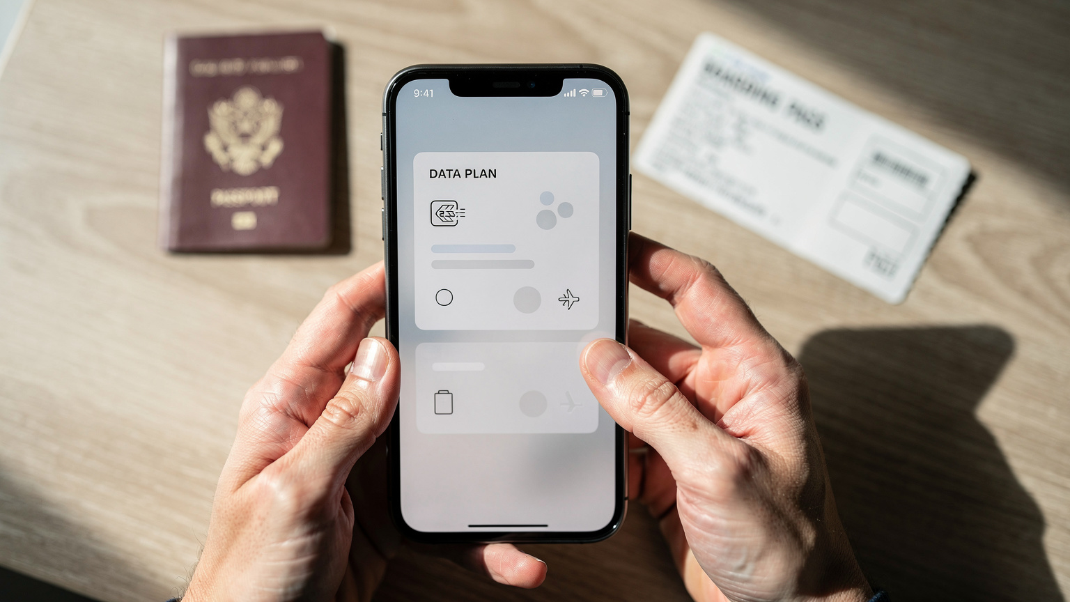 Un écran de smartphone affichant les détails d'un forfait eSIM, avec en arrière-plan flou un passeport et une carte d'embarquement, symbolisant la préparation d'un voyage.