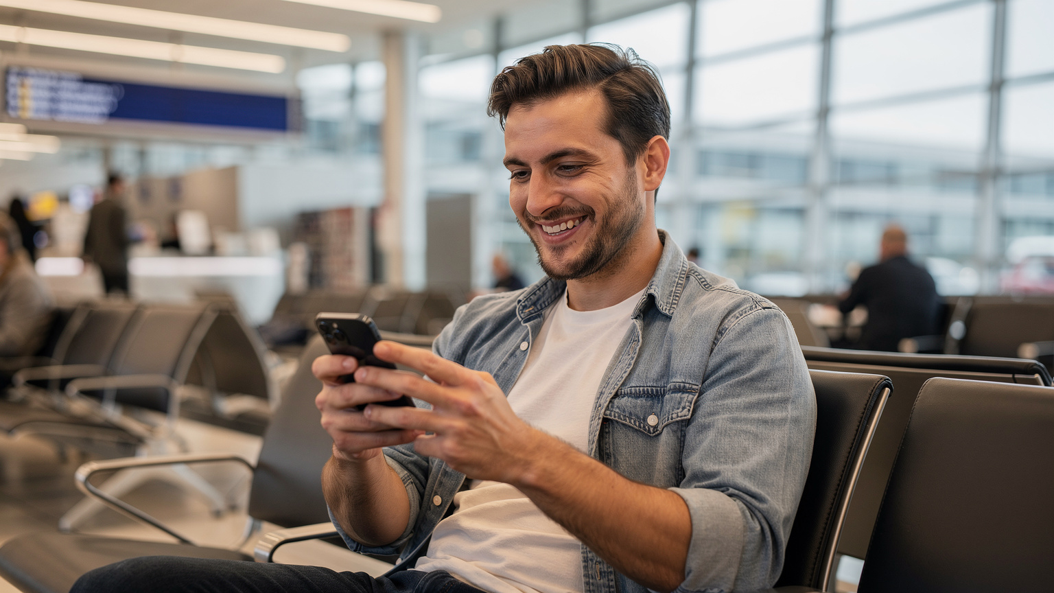 Un voyageur souriant, se connectant à son eSIM à l'aéroport de Paris-Charles de Gaulle, illustrant la facilité d'accès et la commodité des technologies modernes.