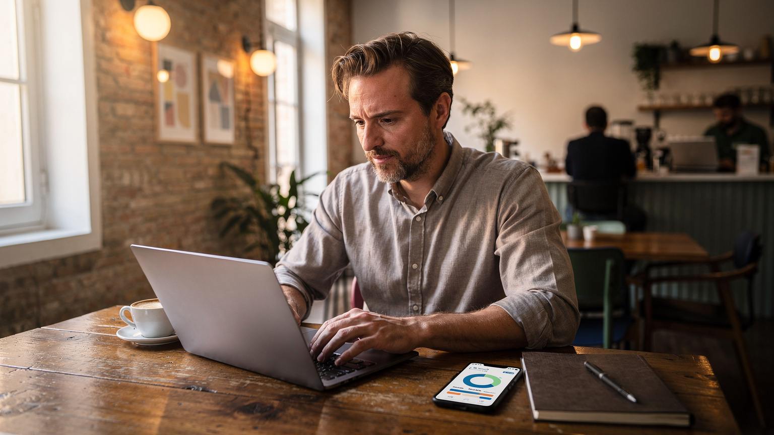 Un nomade numérique travaillant sur son ordinateur portable dans un café de co-working moderne à Lisbonne, son téléphone portable affichant une application de données eSIM, soulignant l'importance d'une connectivité fiable pour le travail à distance.