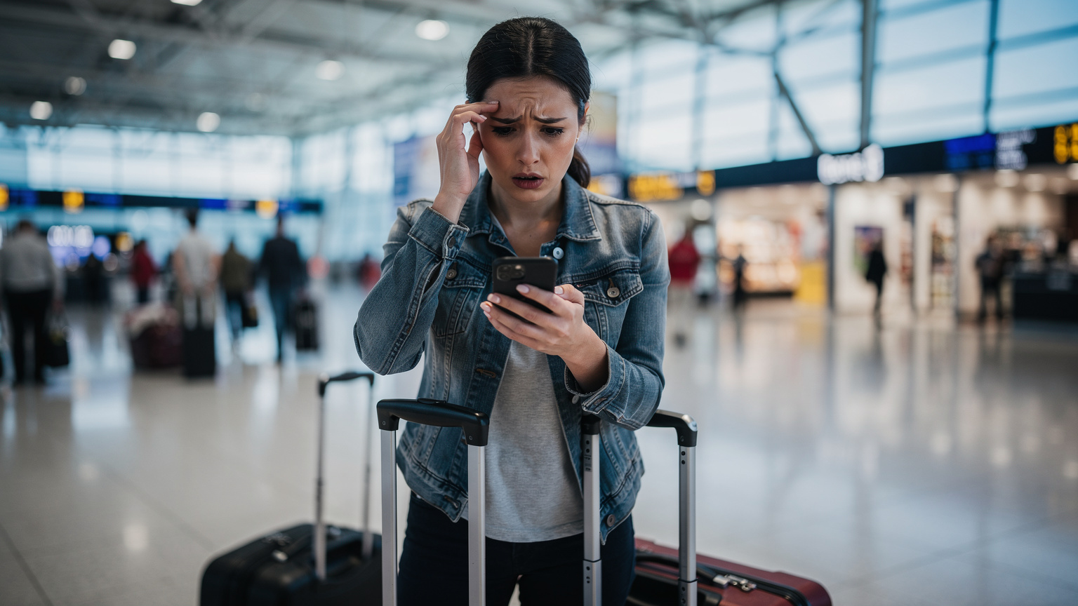 Un voyageur à l'air frustré, fixant son téléphone portable dans le hall d'un aéroport international, symbolisant un problème de connectivité ou de forfait data en voyage.
