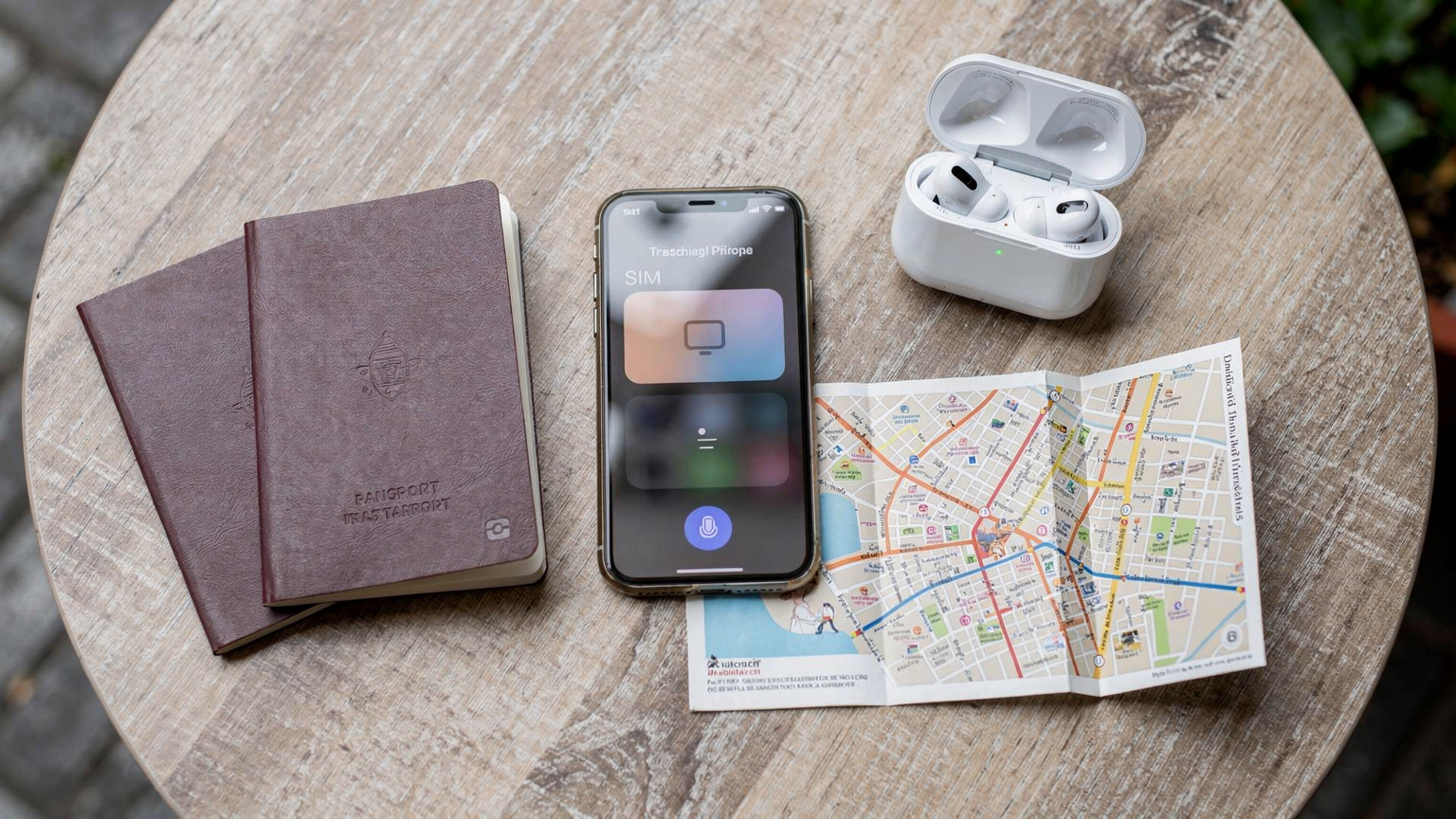 Une vue de dessus d'un passeport ouvert, d'un iPhone affichant des options de connectivité d'eSIM, d'écouteurs sans fil et d'une carte de Bangkok, le tout disposé sur une table en bois clair d'un café thaïlandais en plein air.