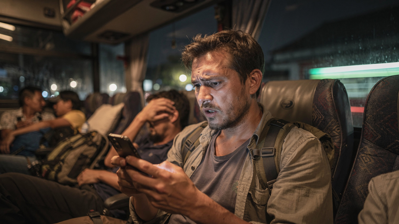 Un homme avec un air inquiet vérifiant son téléphone assis dans un bus de nuit bondé en Asie du Sud-Est, avec des lumières de ville floues par la fenêtre et d'autres passagers endormis.