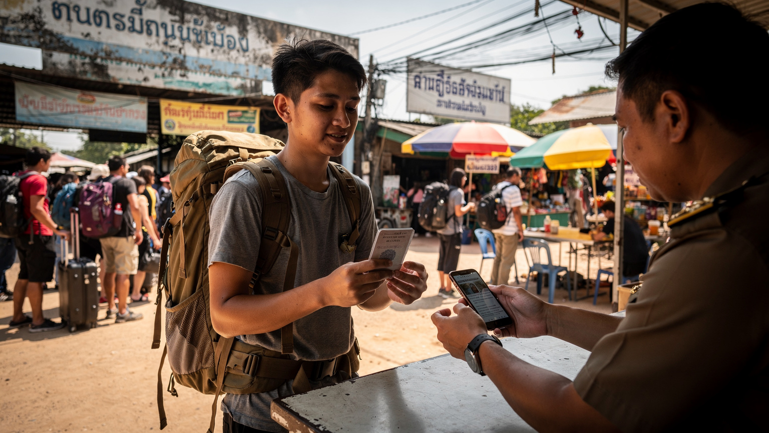 Un voyageur franchissant une frontière terrestre, un iPhone à la main pour montrer son e-visa ou sa confirmation de connexion, avec un sentiment de soulagement sur son visage, en Thaïlande.