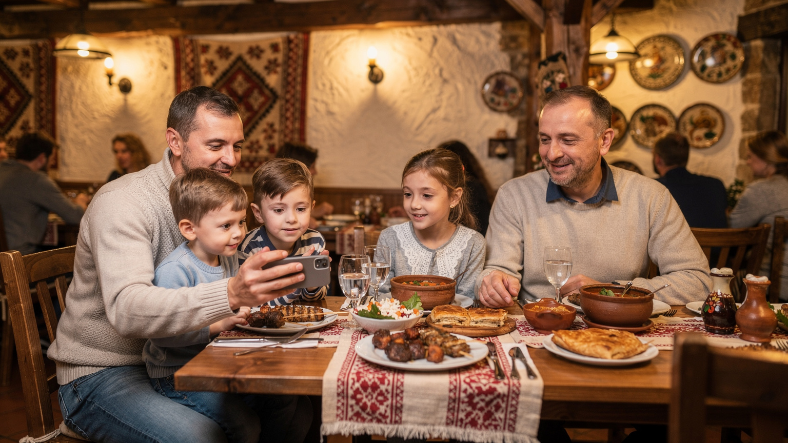 Українська сім'я насолоджується спільною вечерею в автентичному болгарському ресторані в Софії, використовуючи смартфон для перегляду меню.
