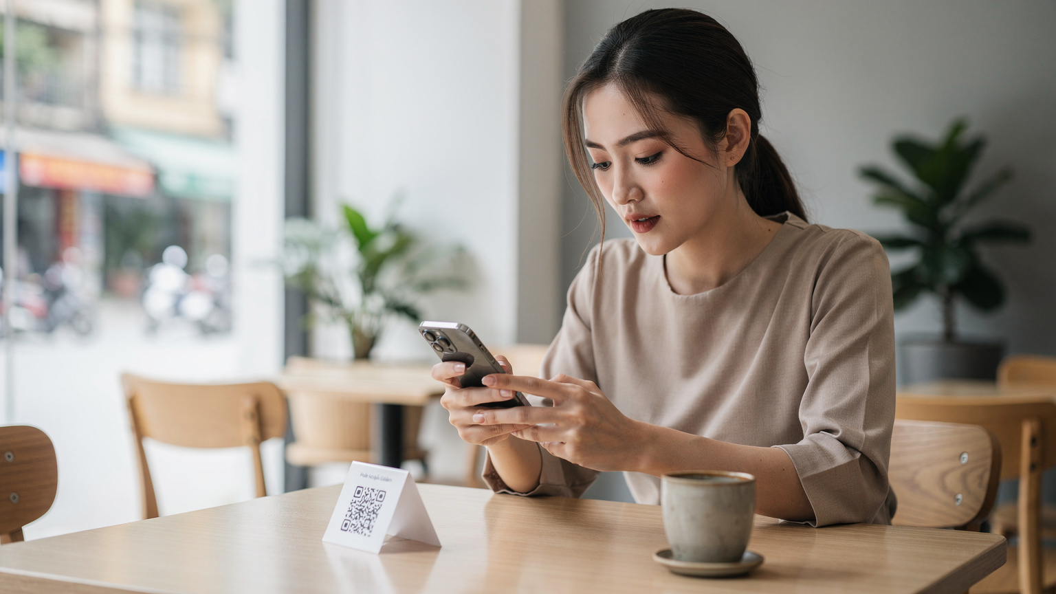 Một phụ nữ trẻ đang quét mã QR eSIM trên điện thoại của mình trong một quán cà phê hiện đại ở Hà Nội.