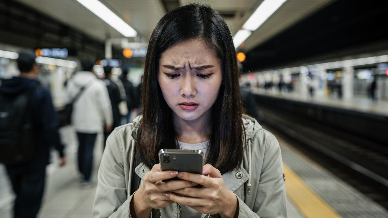 Một du khách đang nhìn vào điện thoại với vẻ mặt lo lắng tại ga tàu điện ngầm đông đúc ở Seoul, Hàn Quốc, có lẽ đang gặp vấn đề kết nối.