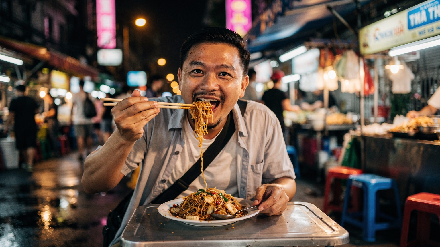 Một du khách đang thưởng thức món ăn đường phố tại một khu chợ đêm sôi động ở Bangkok, Thái Lan, với ánh đèn lung linh.