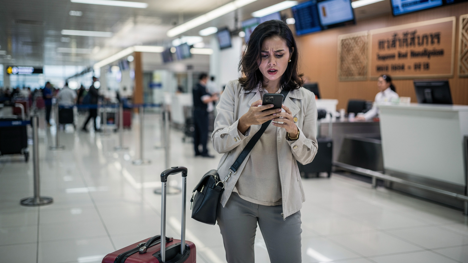 Seorang pengembara sedang melihat telefonnya dengan riak bimbang di kaunter daftar masuk lapangan terbang yang sibuk, mungkin menghadapi masalah sambungan internet.