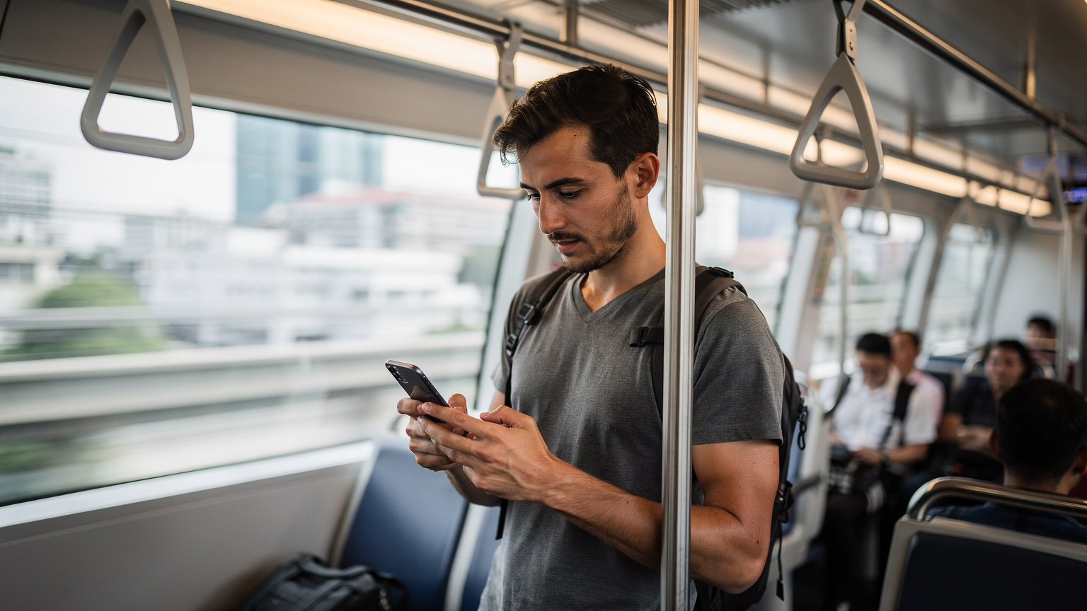 Seorang pengembara sedang menaiki kereta api BTS Skytrain di Bangkok, Thailand, sambil melihat telefonnya, mungkin menyemak peta atau jadual perjalanan.