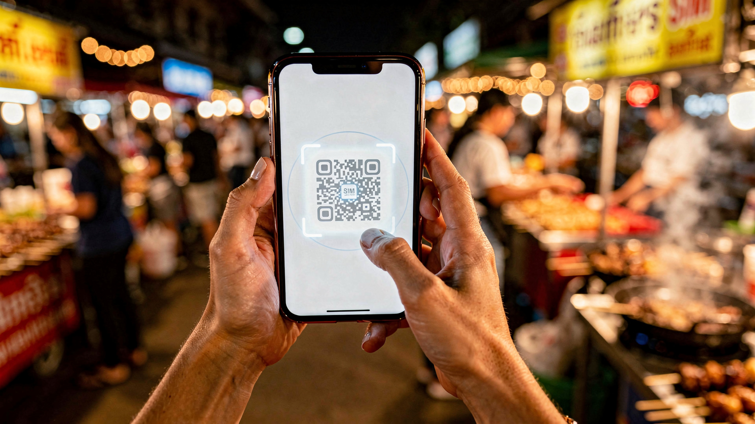 Tangan seorang pengembara wanita sedang mengimbas kod QR eSIM di telefonnya dengan latar belakang pasar malam yang sibuk di Chiang Mai, Thailand, memancarkan cahaya lembut.