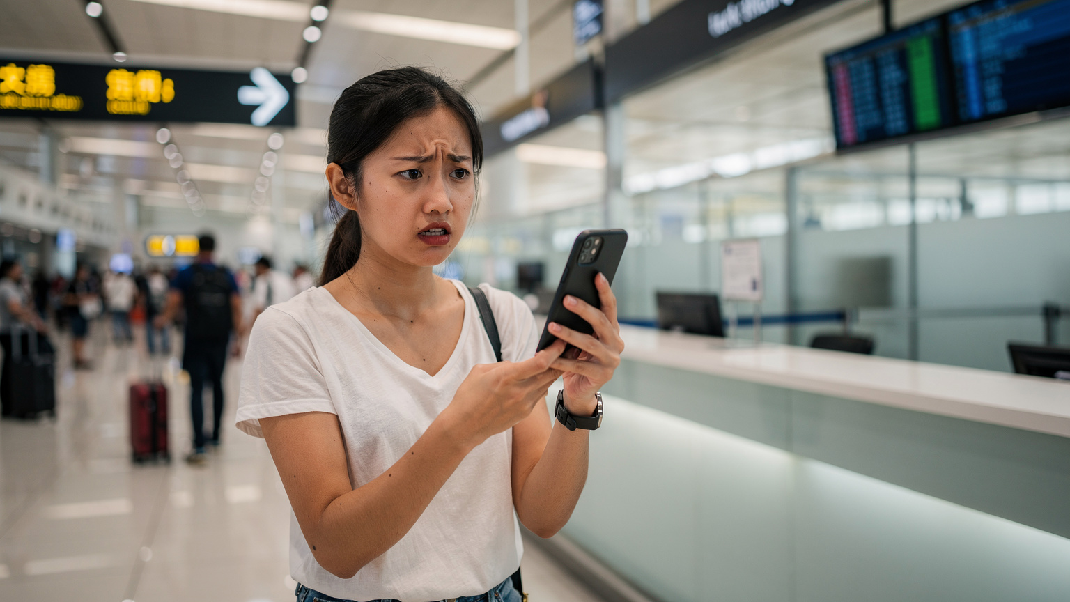 Một phụ nữ trẻ đang bối rối nhìn vào điện thoại của mình ở một quầy dịch vụ di động tại sân bay, với vẻ mặt lo lắng vì gặp vấn đề kết nối internet.