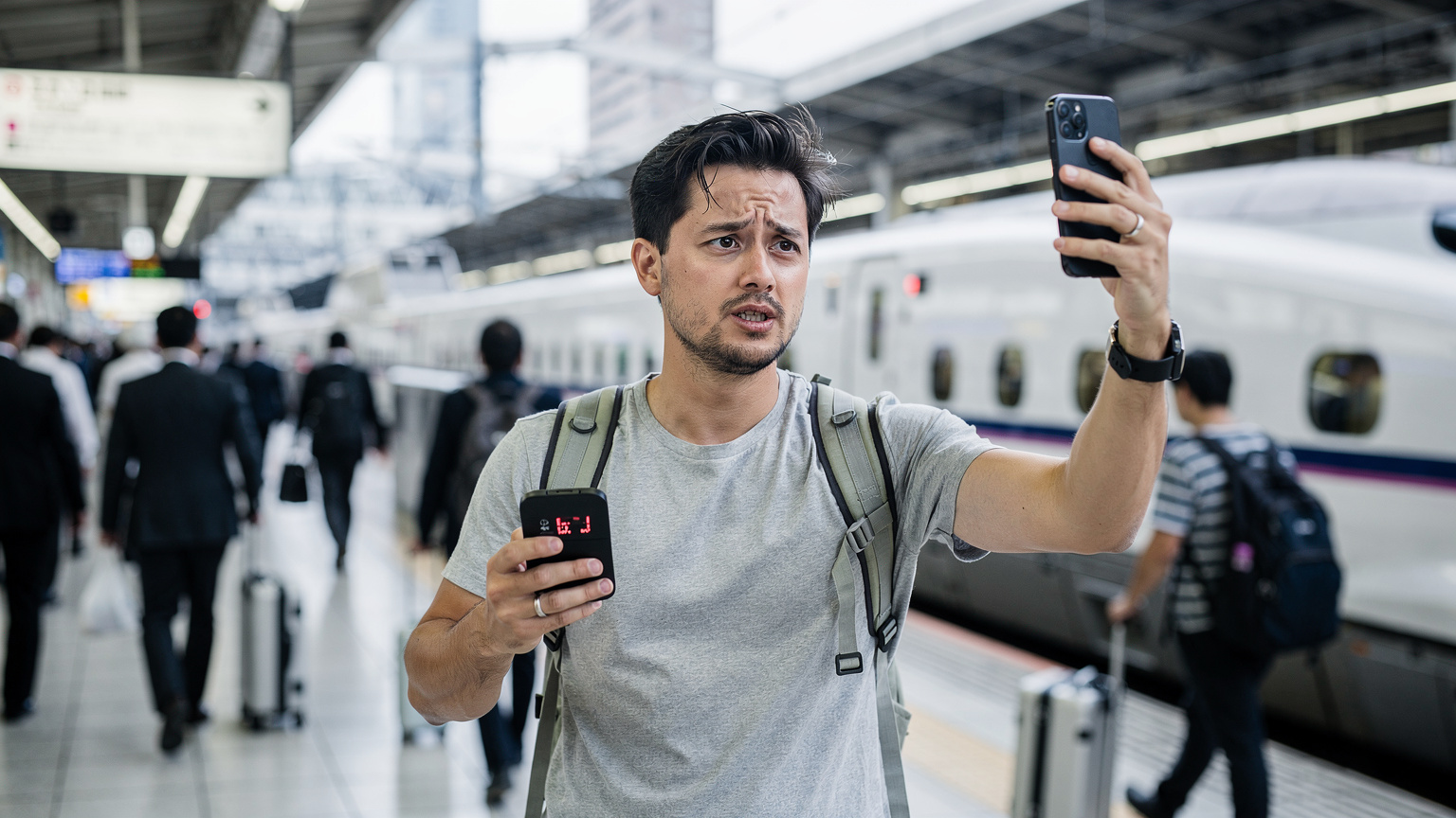 Un viaggiatore frustrato cerca segnale sul suo telefono, con un Pocket WiFi scarico in mano, mentre si trova sul binario di una stazione ferroviaria affollata del Giappone.
