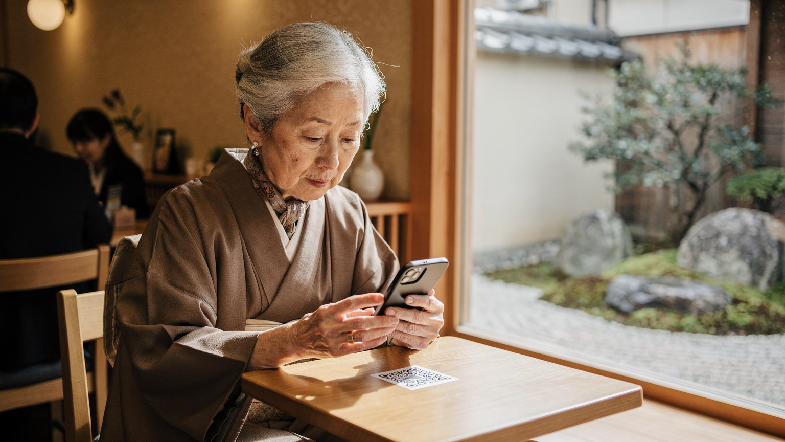 Una donna anziana giapponese scansiona con il suo smartphone un codice QR per attivare un'eSIM, seduta in un accogliente caffè di Kyoto, con un tradizionale giardino di pietra visibile dalla finestra.